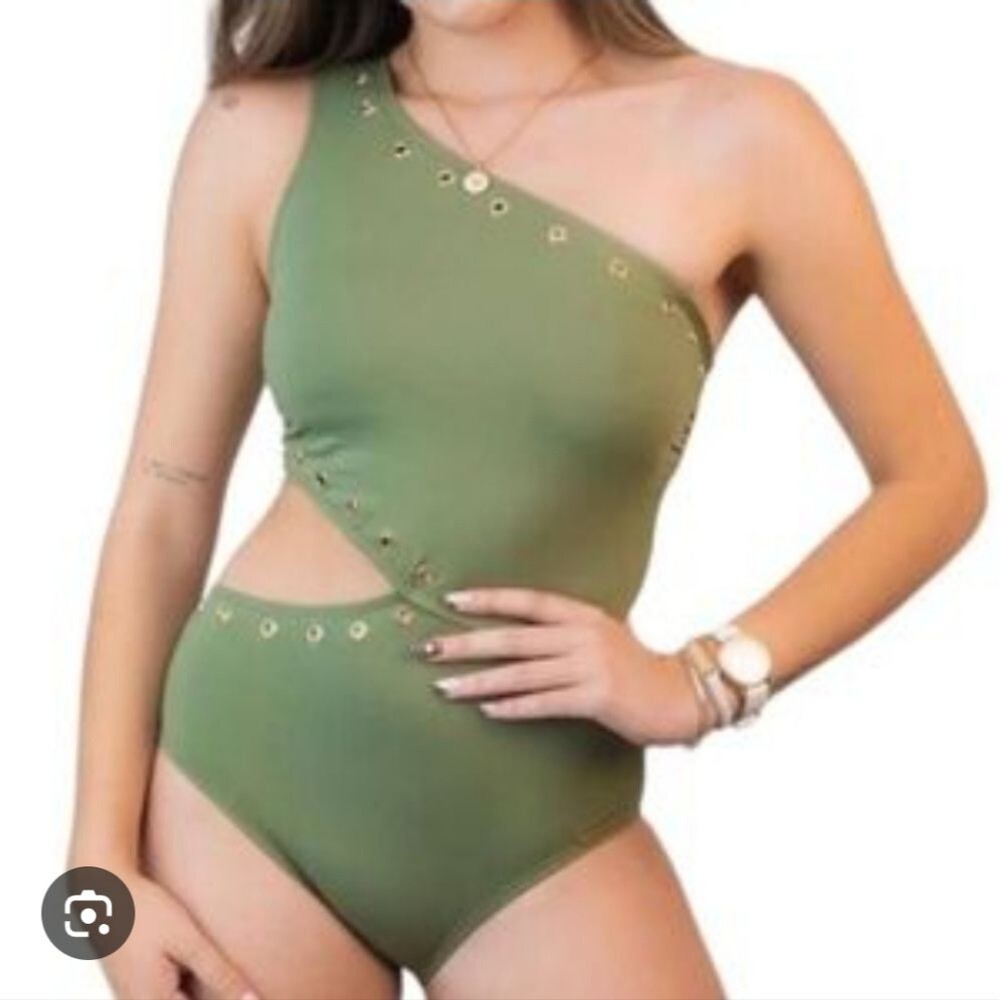 Michael Kors Olive and Gold Detail Swimsuit, 10 - Picture 2 of 12